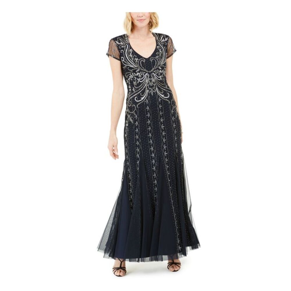 ADRIANNA PAPELL Womens Cap Sleeve V Neck Full-Length Evening Fit + Flare Dress - Picture 1 of 4
